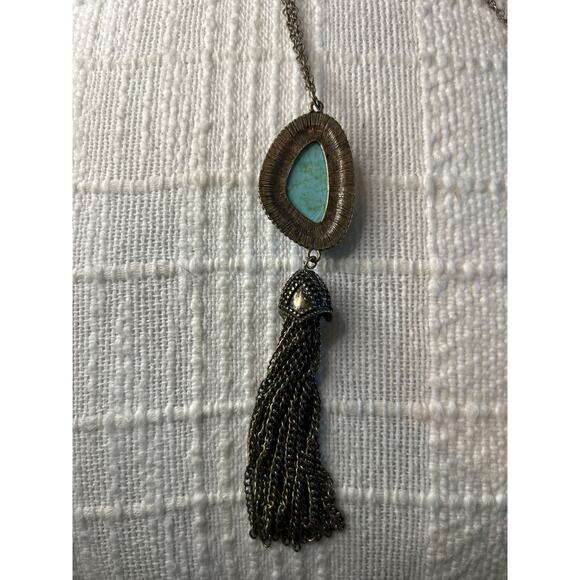 EUC Vintage Faux Turquoise Bronze 25" Necklace with Tassel Adjustable Long - Picture 3 of 3